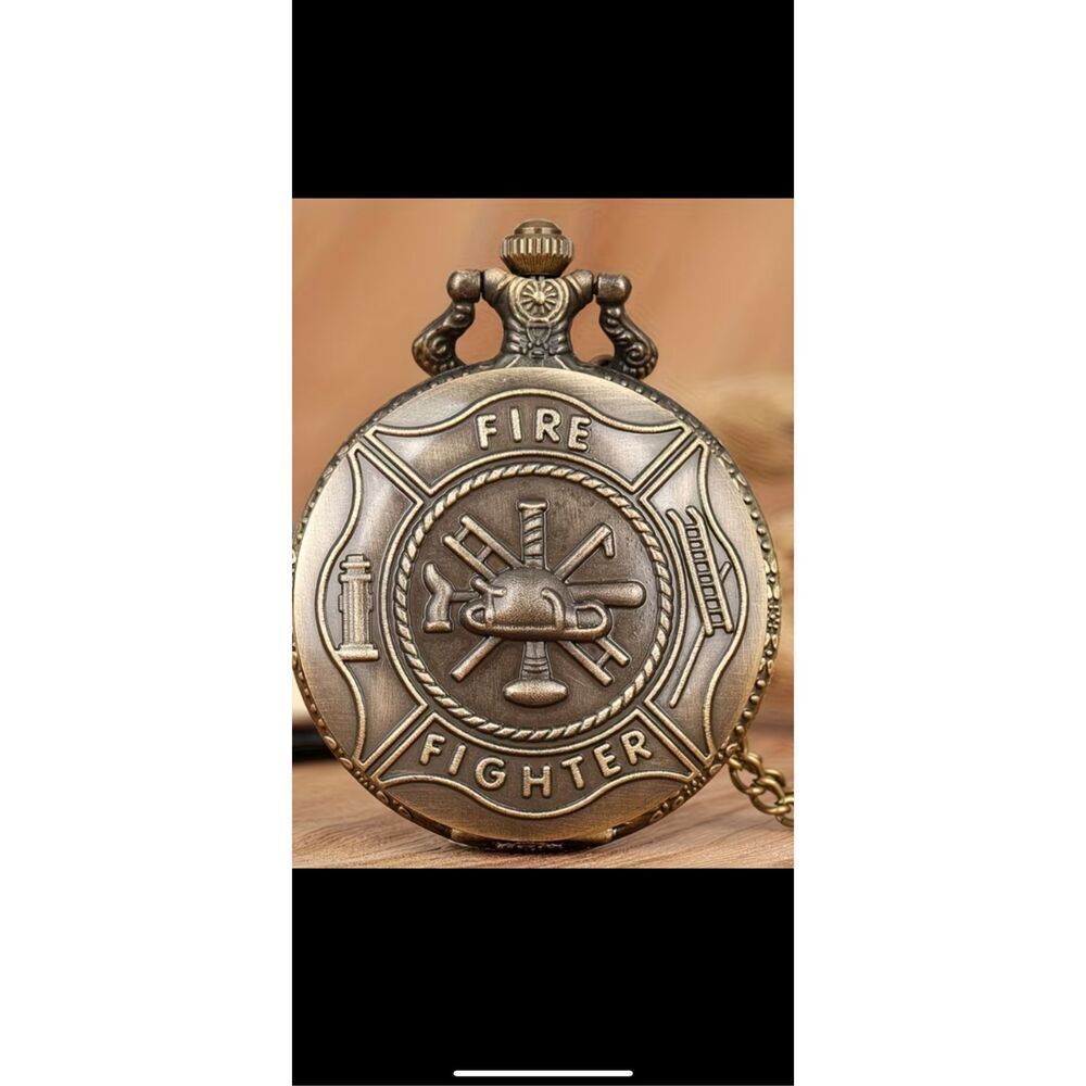 🚒 Firefighter Pocket Watch Necklace – Antique Bronze – Fire Dept Gift – With Bo